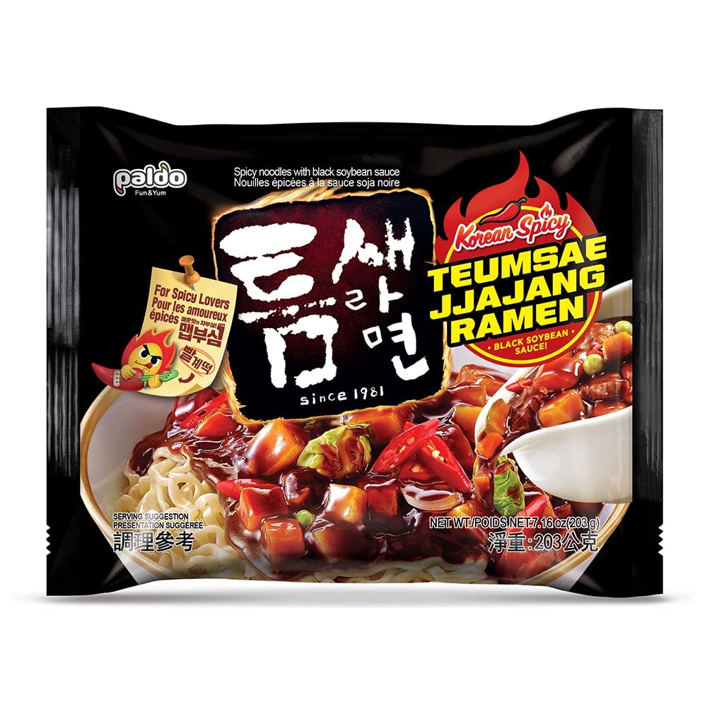 Paldo Fun & Yum Teumsae Jjajang 4 Packs, Black Bean Spicy Instant Ramen Korean Noodle