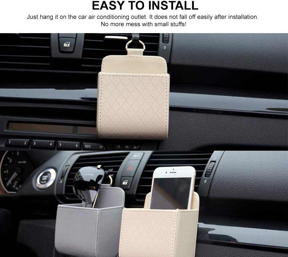 Car Auto Air Vent Leather Tidy Storage Hanging Bag Case Organizer [Beige]